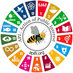 Une abeille entourée par les logos des 17 ODD de l'ONU, avec les texte « API : Action of Public Interest »