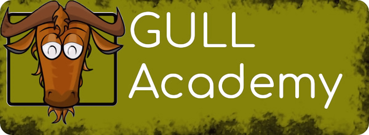Une tête de gnou, avec le texte « GULL Academy » marqué à côté